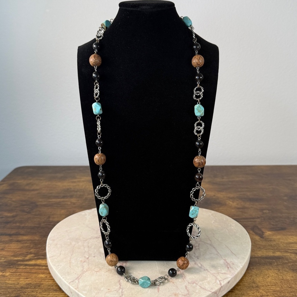 Vintage Real Turquoise Stones and Wood Beaded Sterling Necklace Navajo Style